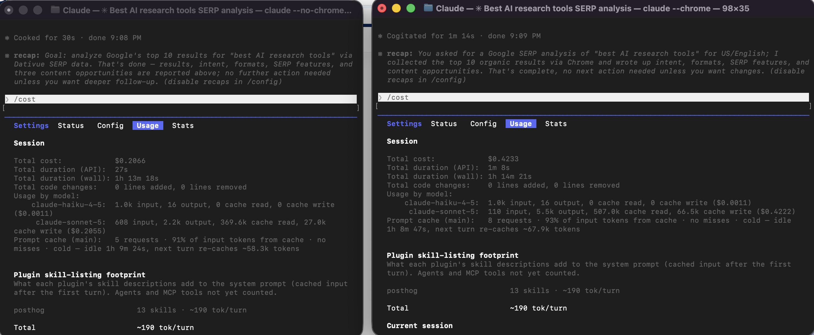 Claude Code usage panels for the Dativue and browser Google SERP runs