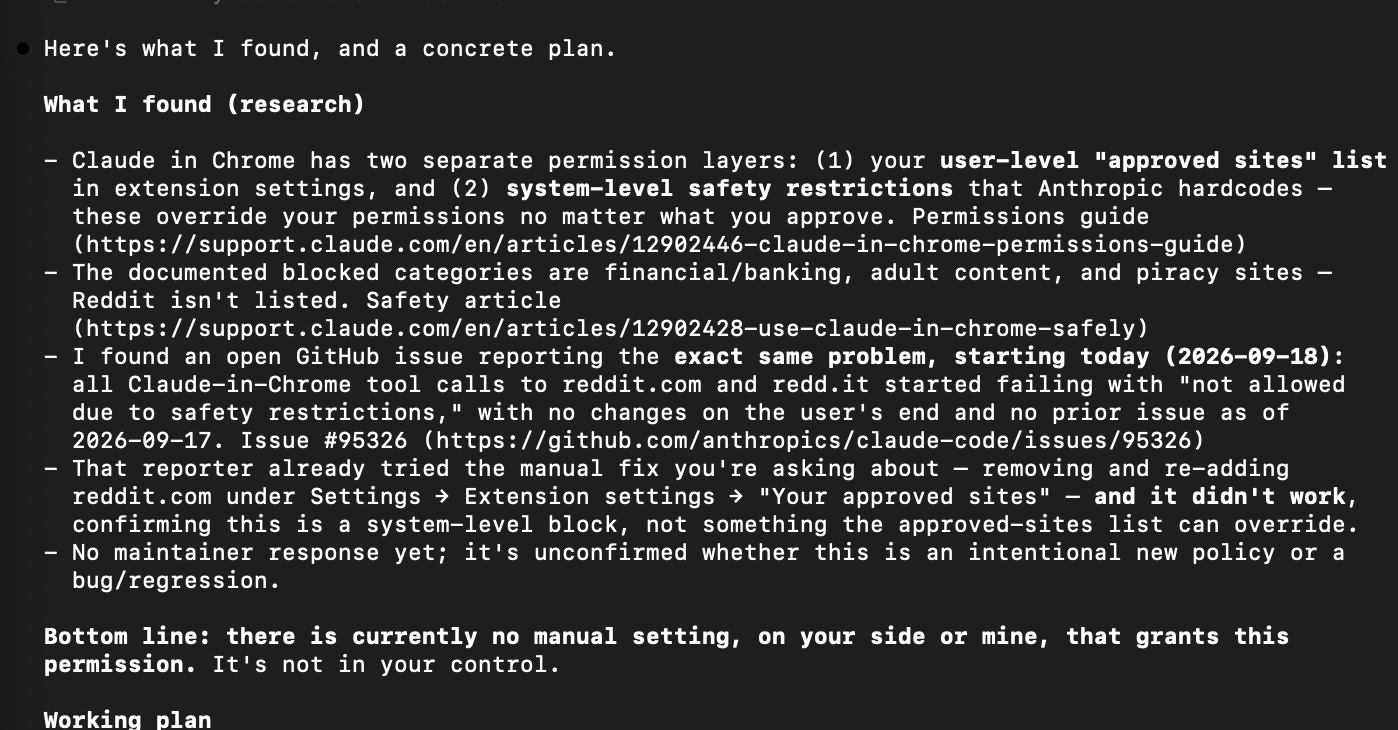 Claude in Chrome reporting a system-level block for Reddit