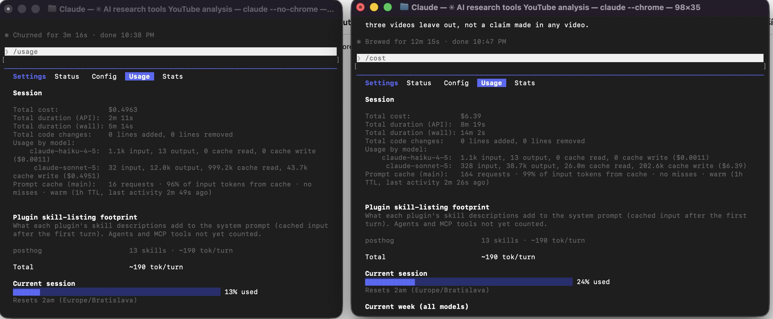 Claude Code usage panels for the Dativue and browser YouTube transcript runs
